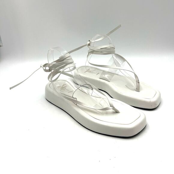 Black Suede Studio Callie Leather Platforms White Leather Thong Wrap Sandals - Picture 9 of 9